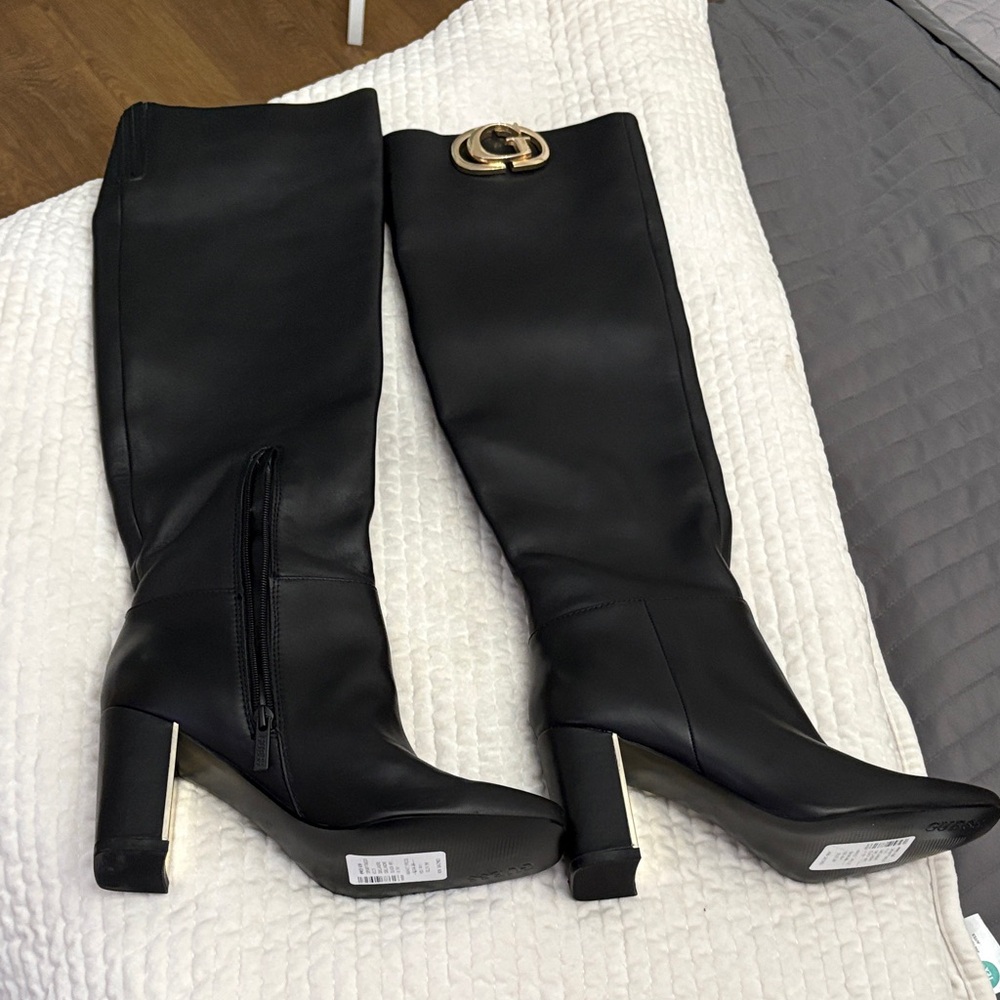 Guess Black Heeled Knee-High Boots with Gold Accent